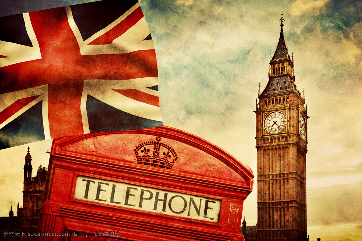 伦敦 城市 大本钟 电话亭 地标 路灯 英国 街头 国旗 旅游摄影 国外旅游