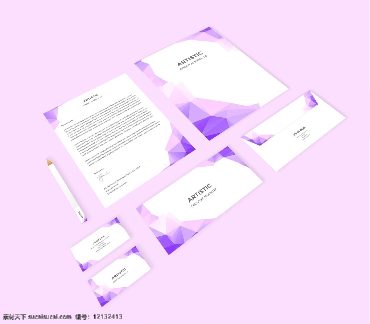 紫色 唯美 企业 品牌 形象 vi 样机 企业形象 信纸 笔 信封 名片 样机模板 vi样机 企业vi样机 文具