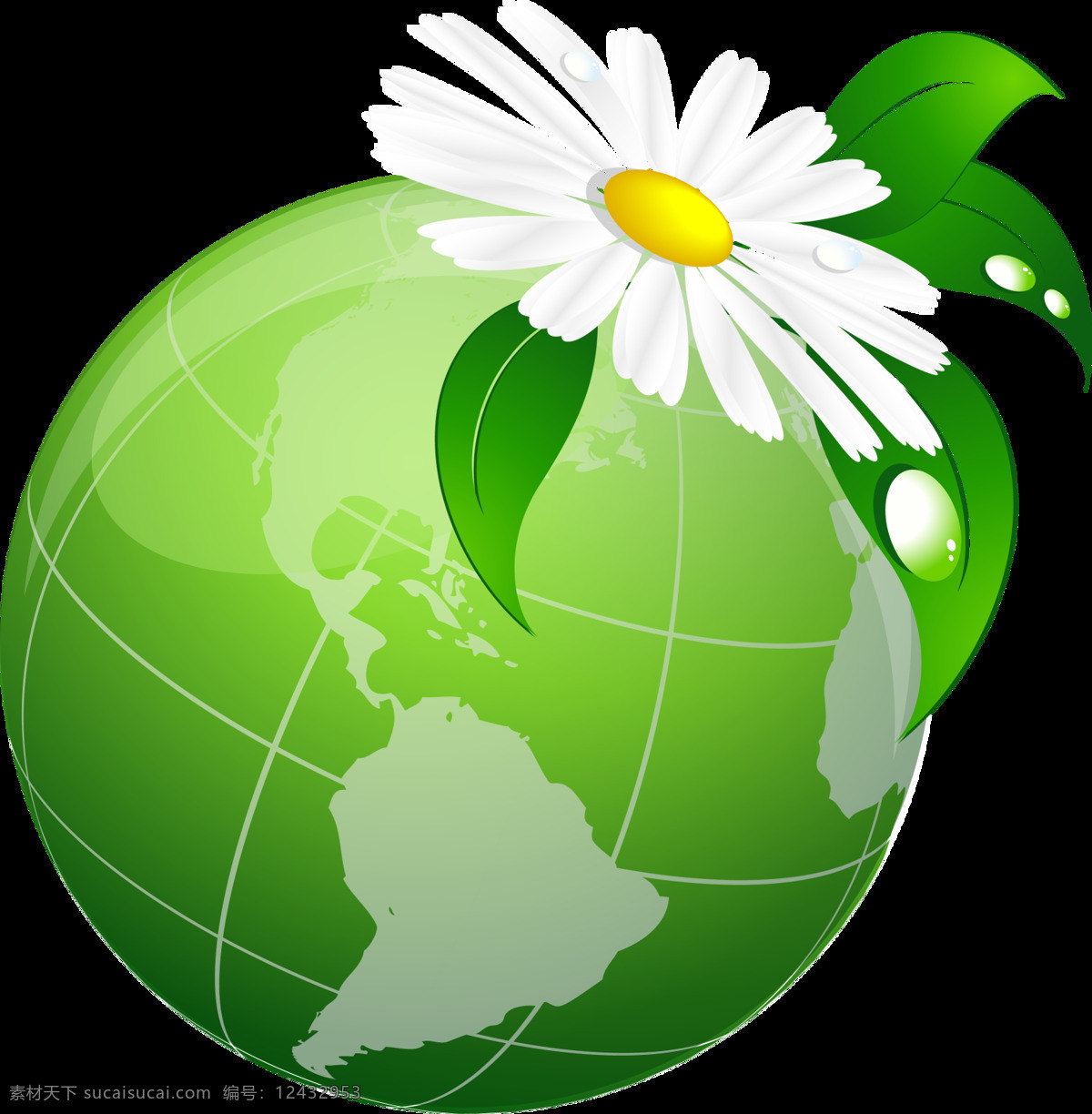 清新 白色 花朵 地球 元素 绿色地球 白色花朵 树叶 免扣 透明元素
