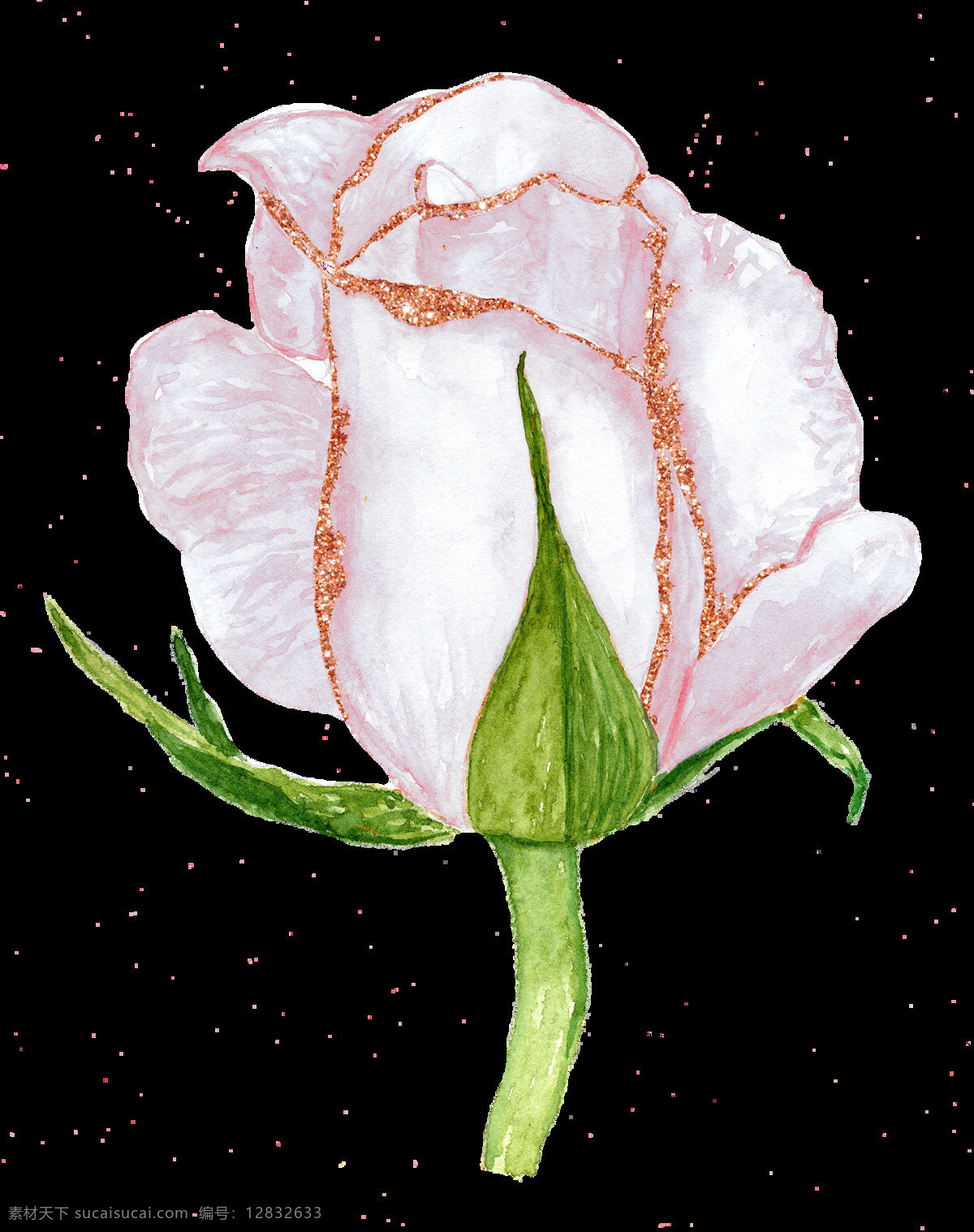 手绘 朵 逼真 玫瑰 透明 花枝 金边 绿色 玫瑰花 免扣素材 水彩 透明素材 装饰图案