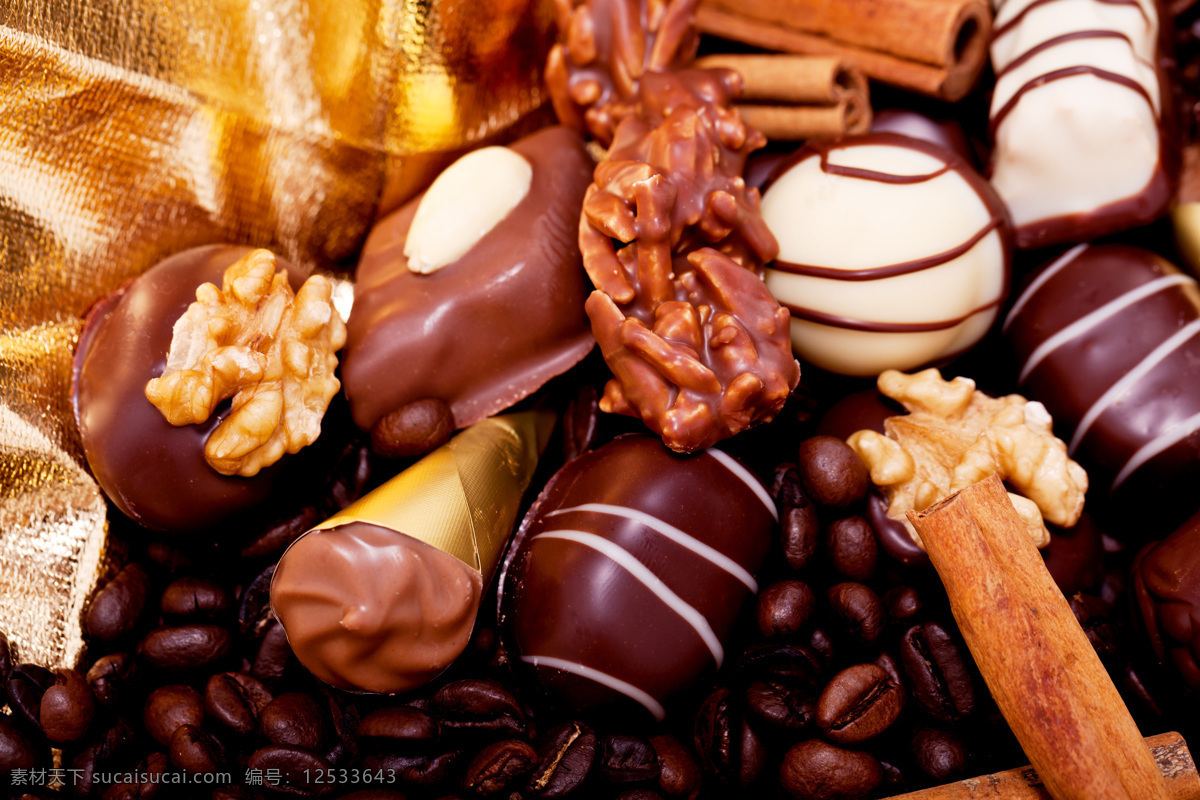 餐饮美食 核桃 可可豆 美食 美味 巧克力 巧克力豆 桂皮 陈皮 香醇 诱人 糖果 其它美食 矢量图 其他矢量图