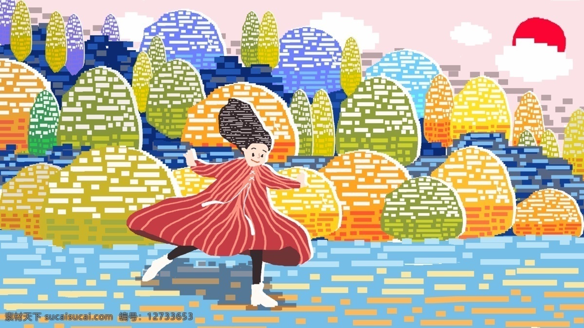 80s 复古 像素 秋分 插画 小女孩 河 枫树 河边 欢乐 跳舞 手机用图 微博配图 公众号配图