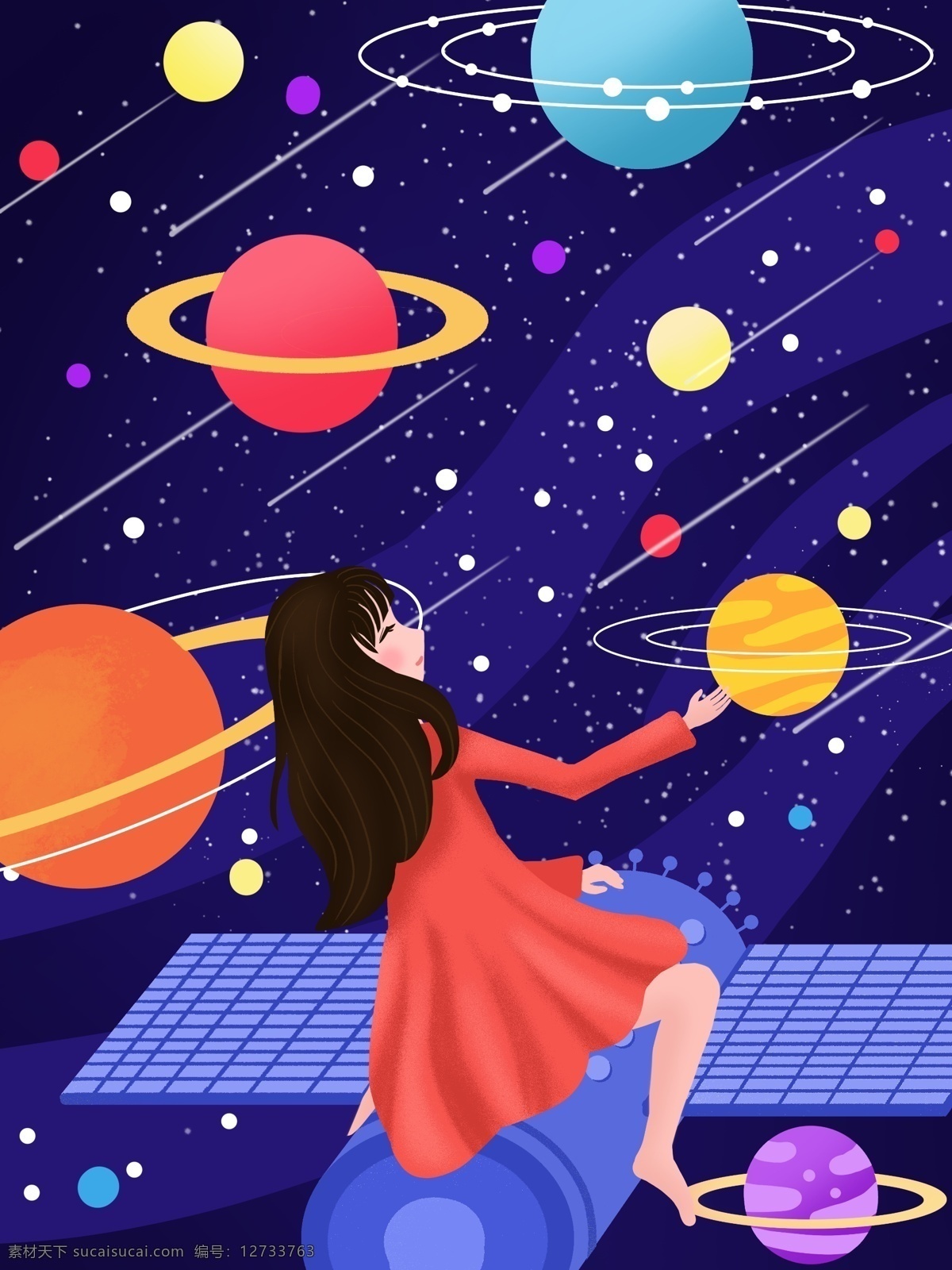 肌理 写实 女孩 畅游 宇宙 之旅 插画 治愈系 天体 星空 肌理写实 宇宙之旅 微信用图 手机用图