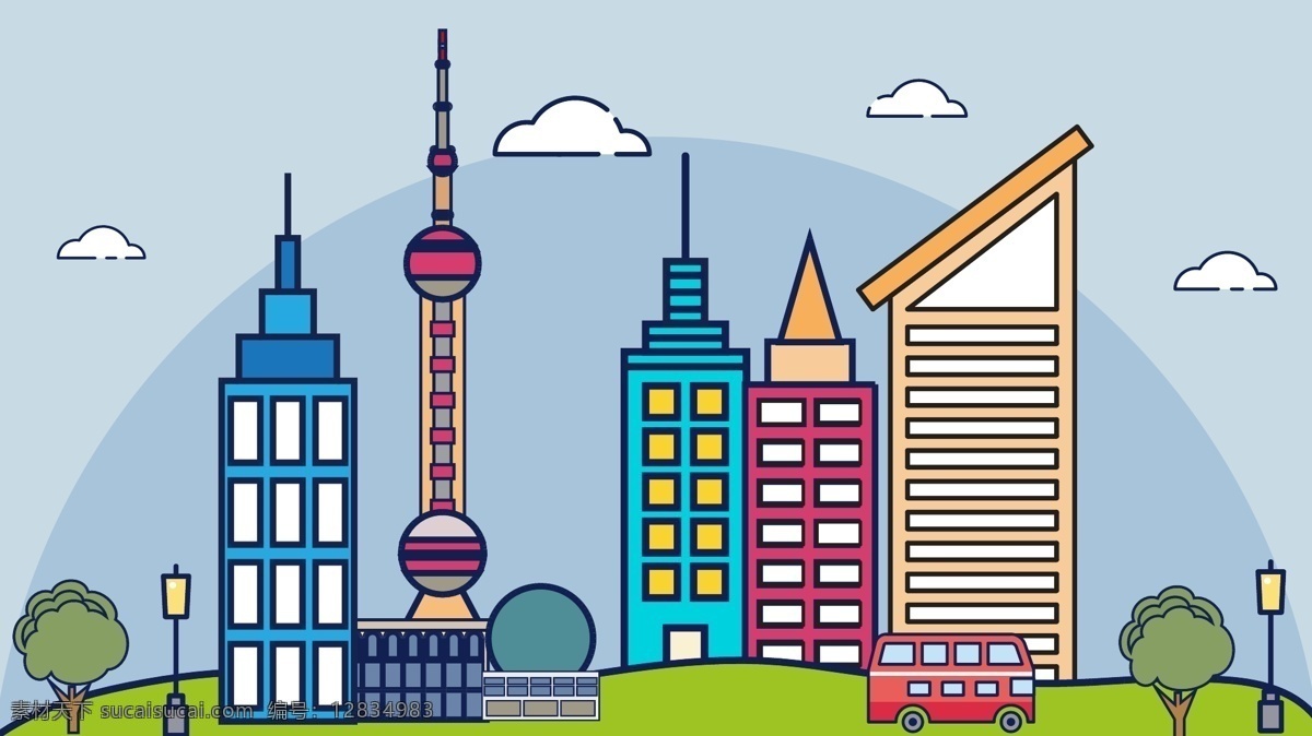 城市标志 建筑 矢量 插画 城市 卡通 彩色 上海 东方明珠