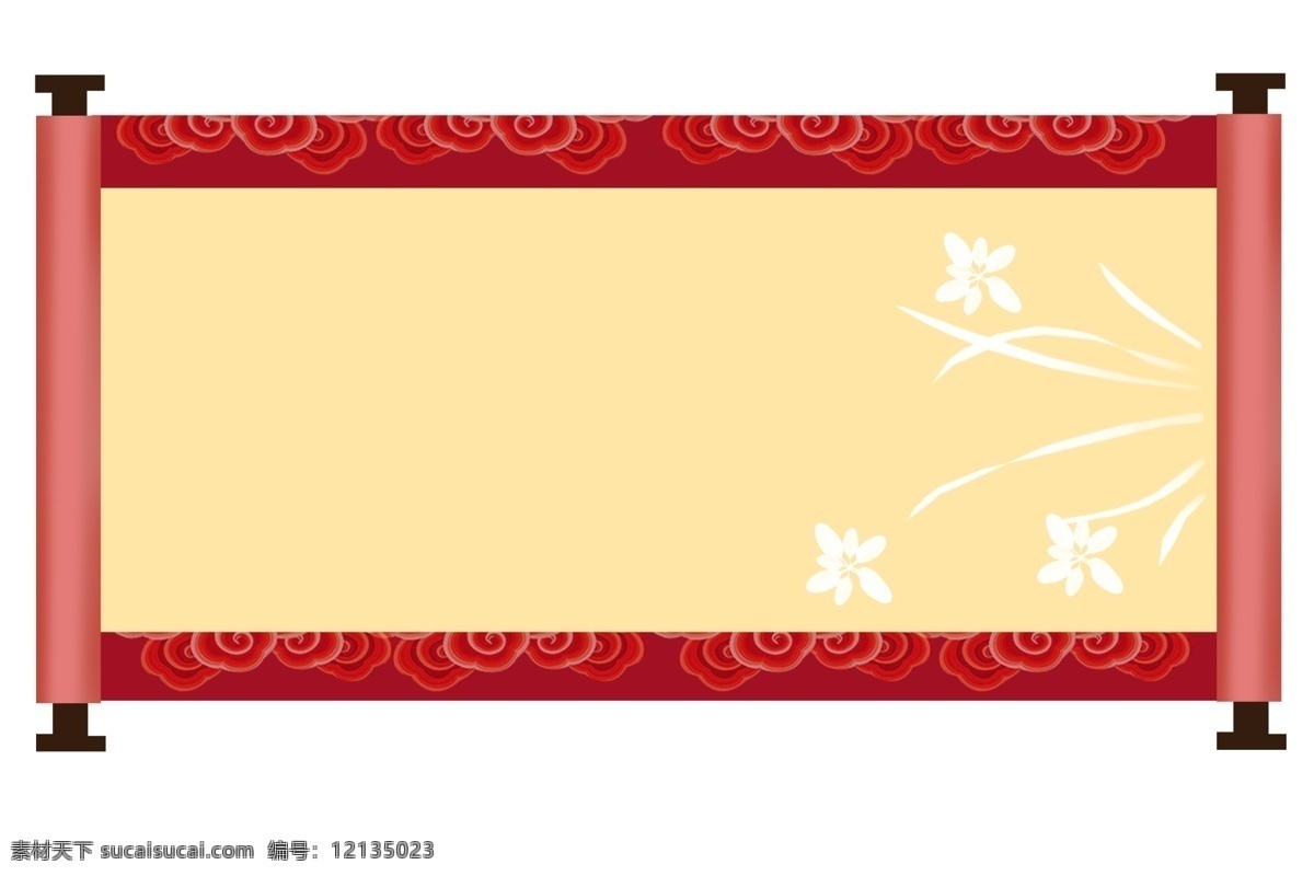 黄色 中式 卷轴 插画 黄色卷轴 中式卷轴 花纹 卡通卷轴 红色花边框 边框装饰 中国风 精美 古典