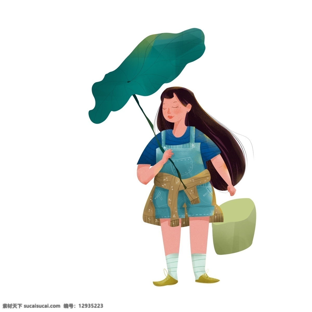 清新 可爱 撑 荷叶 伞 女孩 绿色 卡通 手绘 女生 人物设计