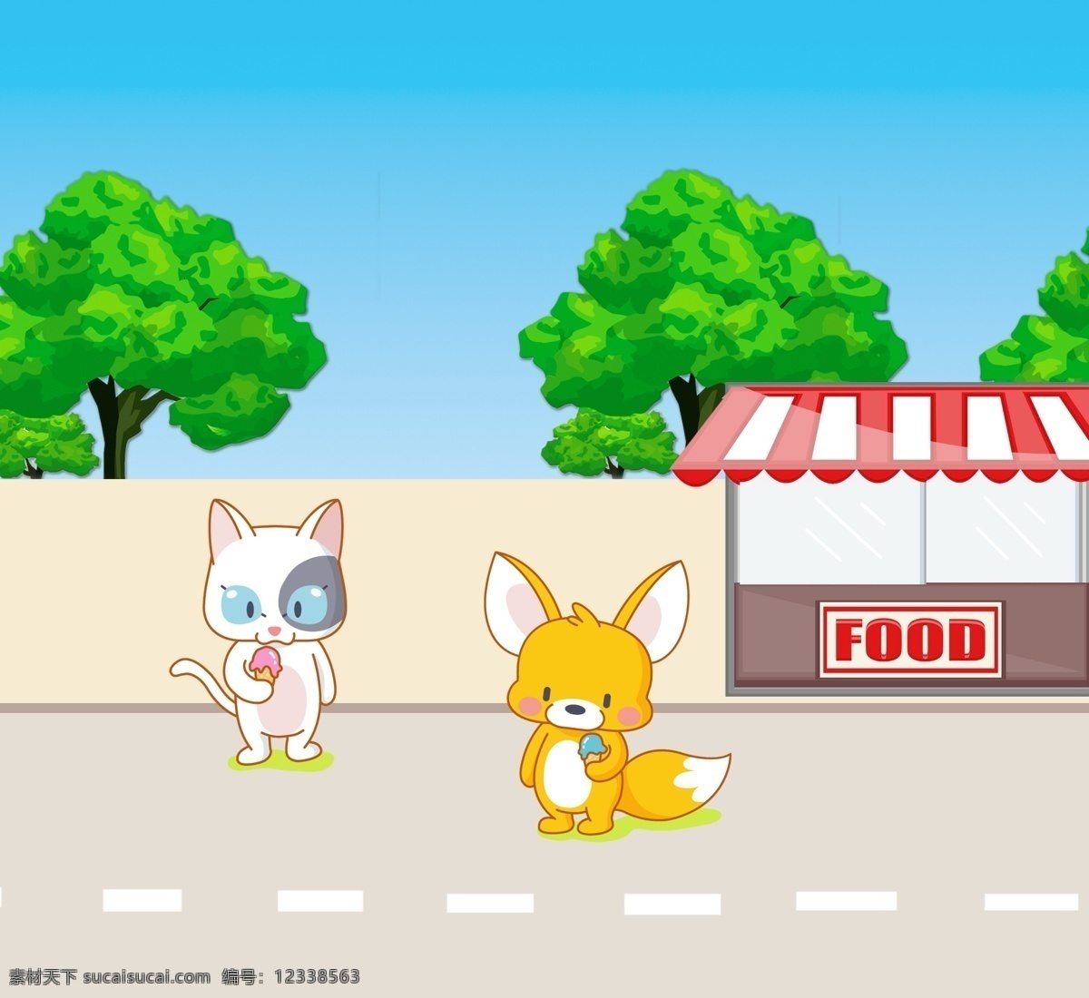 狐狸与小猫 狐狸 小猫 卡通 冰激凌 马路 动漫动画 动漫人物