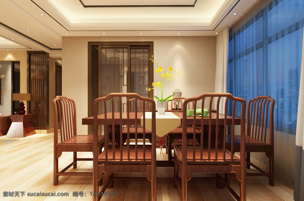 新 中式 风格 餐厅 装饰装修 效果图 装饰画 餐桌 室内装修 室内设计 3d模型 新中式风格 新中式餐厅 餐厅效果图 边柜