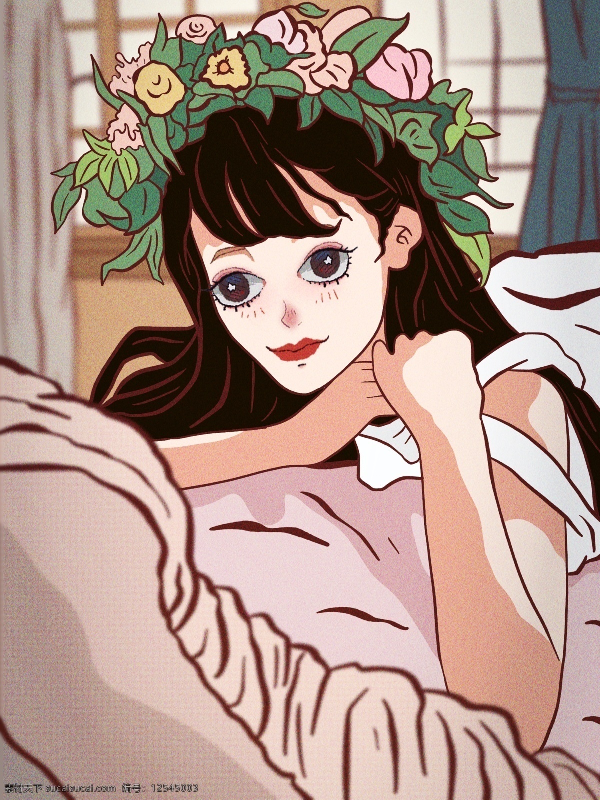 六月 你好 带 花环 美女 卧室 休息 时光 六月你好 五月 七月 家 窗 唯美 治愈 小清新 午后 休闲 手绘 壁纸 手机壁纸 抱枕 枕头