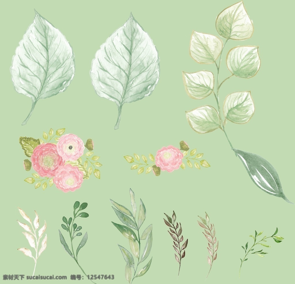 手绘 插画 植物 绿叶 花 植被图案 美丽的花 大叶子 大自然 小清新 叶子 夏天 春天 果子 植被 绿色 花朵 鲜绿 黄花