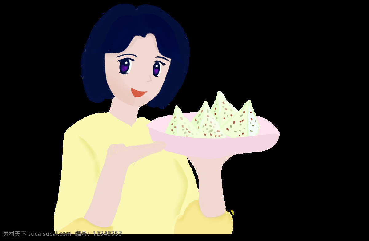 手绘 美食 美女 元素 卡通 托盘 温馨 png元素 免抠元素 透明元素