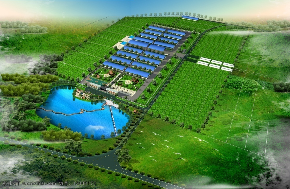 大华 集团 养牛 基地 鸟瞰图 草地 建筑 楼房 云朵 其他设计 环境设计 源文件