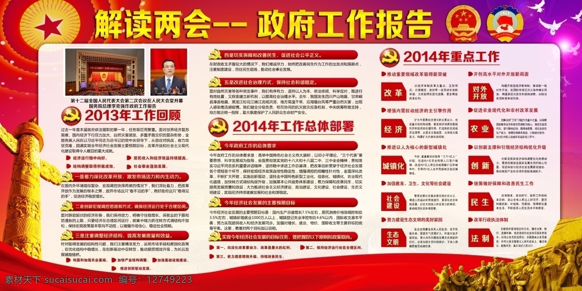 两会宣传栏 展板 两会 政府 工作报告 人大会议 2013 年 工作回顾 工作总体部署 2014 重点 工作 十 二 届 全国人大 会议 李克强 党徽 国徽 政协标志 华表 鸽子 人民大会堂 英雄纪念碑 展板模板 广告设计模板 源文件