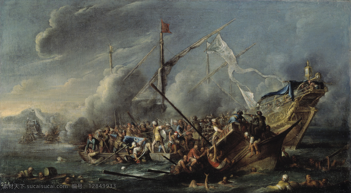 century 大师 画家 古典 画 建筑 景物 装饰画 油画 turcos y espanoles entre naval combate de cornelis wael 人物 高清 西方 国外 现代 家居装饰素材