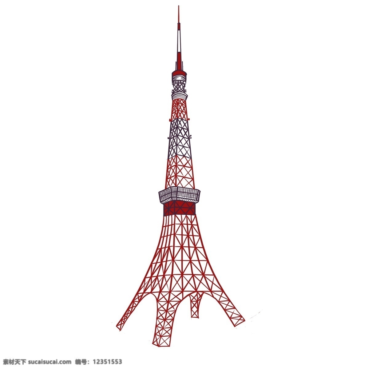 红色 日本 东京 塔 建筑 漂亮 手绘 卡通 宏伟 插画