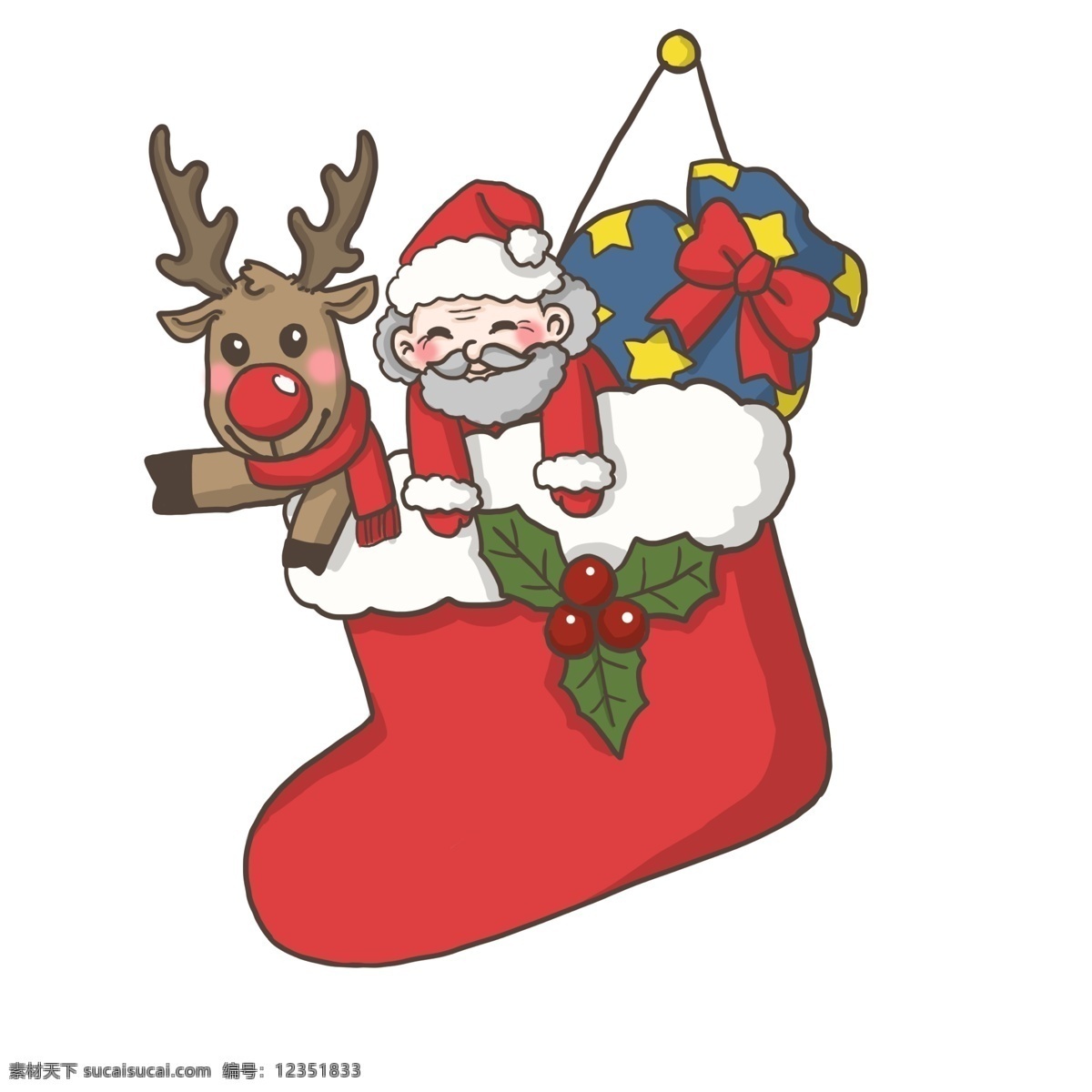 袜子 里 圣诞老人 冬天 冬装 圣诞节 红色衣装 可爱风小贴纸 温暖甜美 开心 大 挂 墙上 圣诞老人和鹿