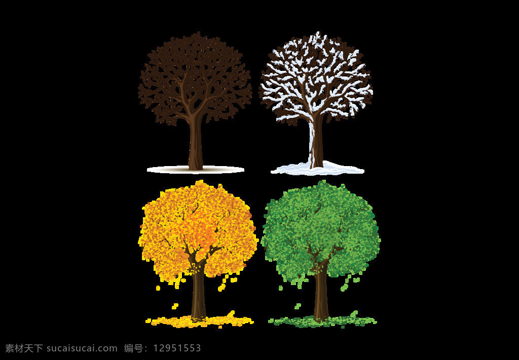 卡通 四季 树木 元素 png元素 黄叶 绿叶 免抠元素 秋天 透明素材 夏天