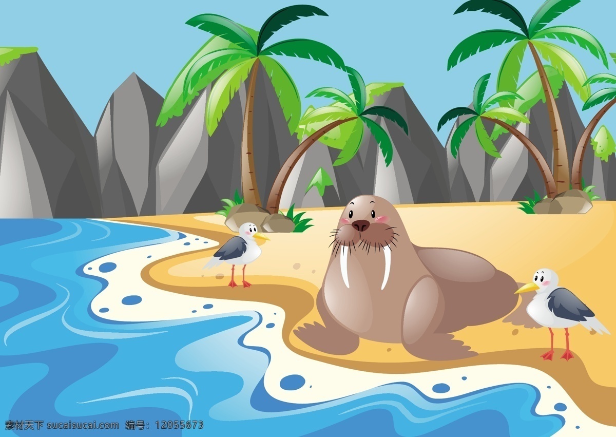 热带 海狮 岛屿 风景 风景素材 卡通动物 矢量动物 野生动物 动物 沙滩 海边