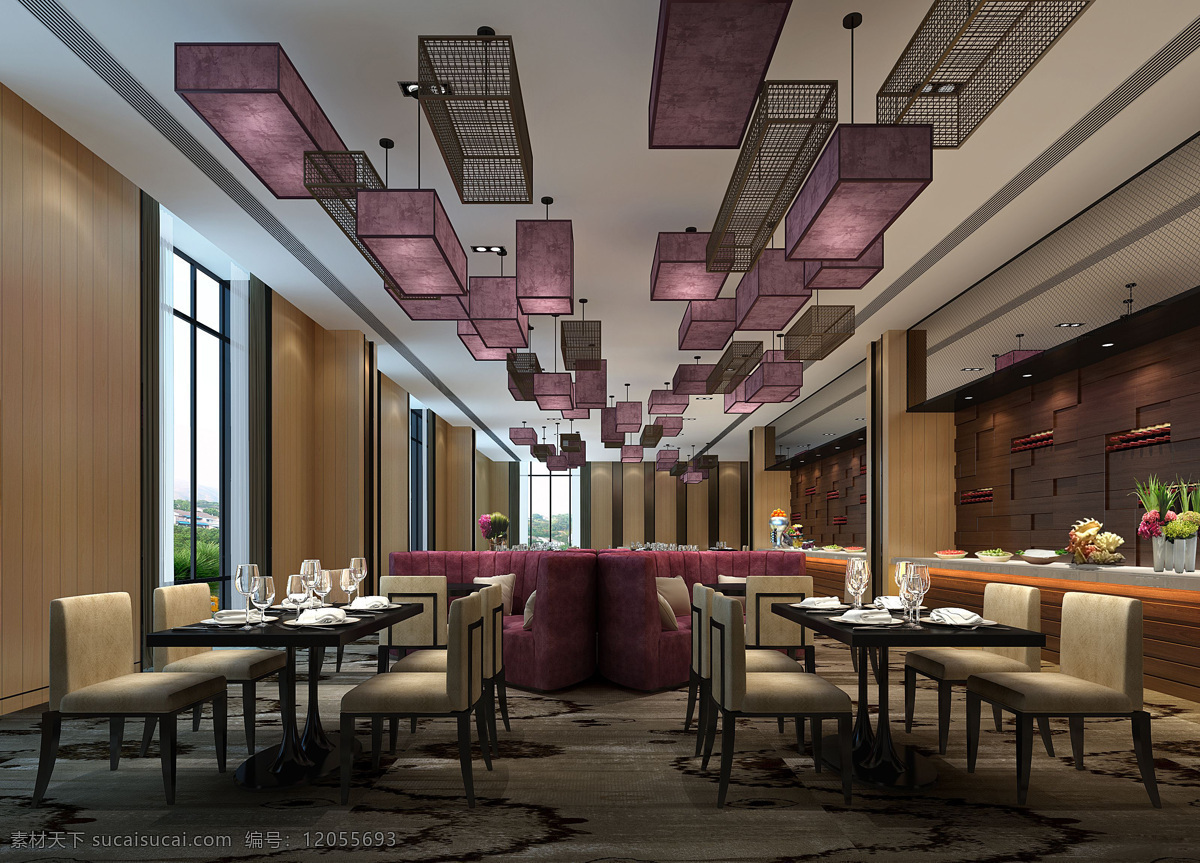 简约 现代 酒店 餐厅 装修 效果图 个性化吊灯 吊顶 窗户 餐桌
