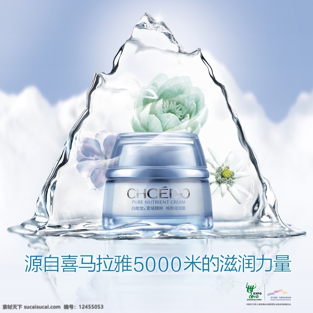 自然 堂 雪域 纯粹 自然堂 雪域精粹 纯粹滋润霜 雪山系列 冰山 雪山 水晶 2010新款 润肤净白 天然成份 积雪草精华 蓝玫瑰 2010 expo 上海 世博会 参展单位 矩阵力量 源自喜马拉雅 米 滋润 力量 化妆品 美容 亮泽皮肤 国内广告设计 分层 源文件