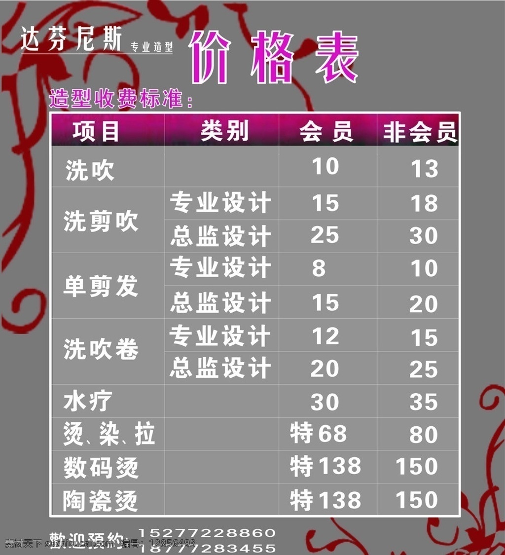 价格表 菜单 发廊 头发 烫发价格 剪发价目表 发廊价目表 菜单菜谱 矢量