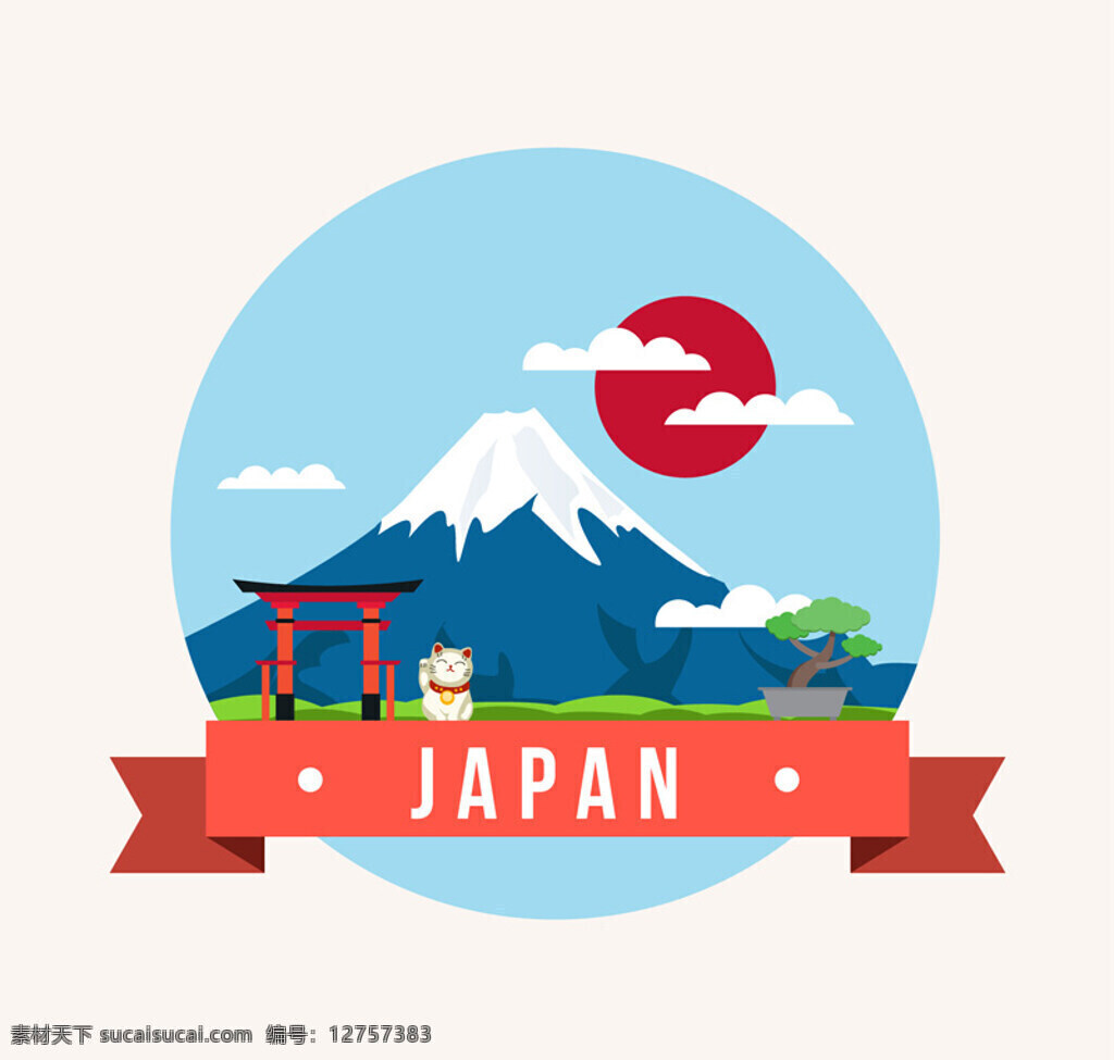 创意 日本 风景 插画 矢量 日式 富士山 招财猫 鸟居 树 旅游 北海道 卡通 简约 条幅 白色