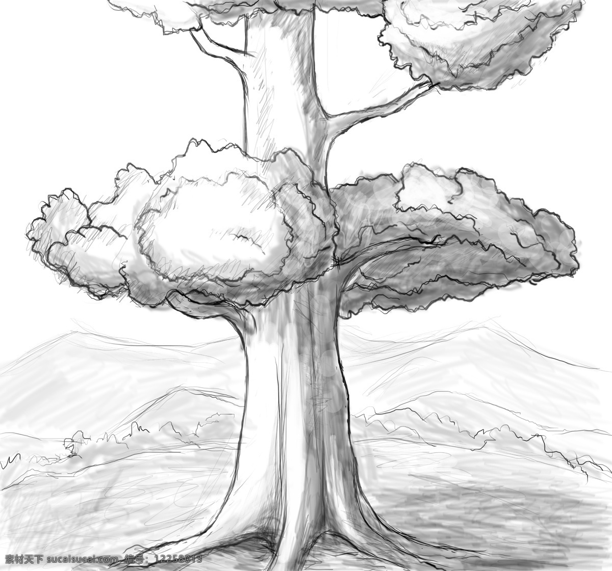 大树素描 素描 大树 树叶 山 树干 分层 源文件