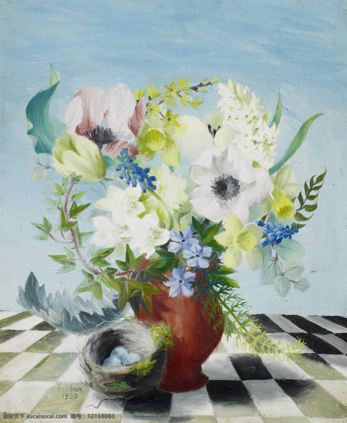 静物鲜花 玛丽 费登 女士 作品 混搭鲜花 鸟蛋 黑格子桌布 20世纪油画 油画 绘画书法 文化艺术