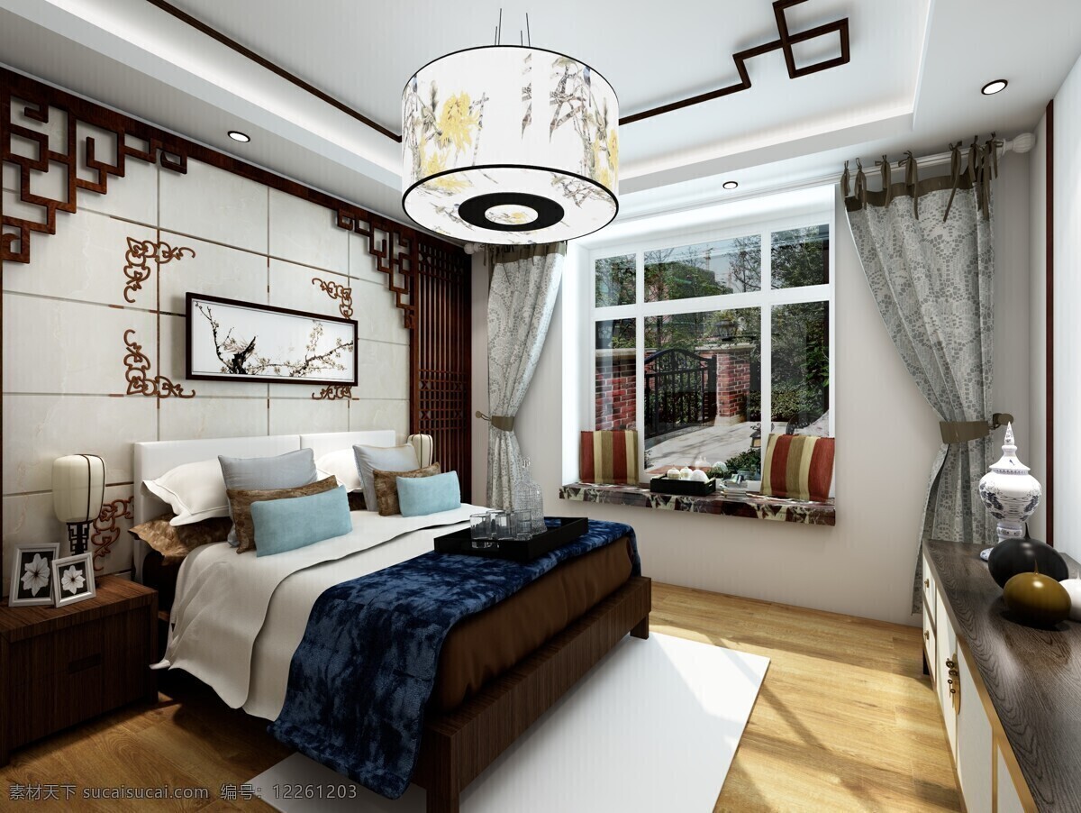 简约 新 中式 室内 卧室 效果图 中式风格 中式筒灯 雕花 背景 墙 飘窗 卧室设计 室内设计