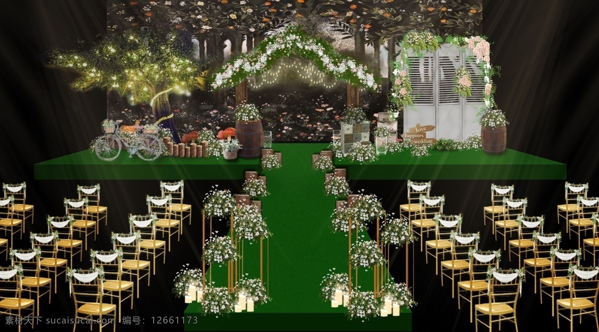 绿色 森 系 婚礼 舞台 自行车 油画背景 玻璃瓶 椅子 森系 绿色大树 灯串 木桩 木桶 木制指示牌 花团 发光树