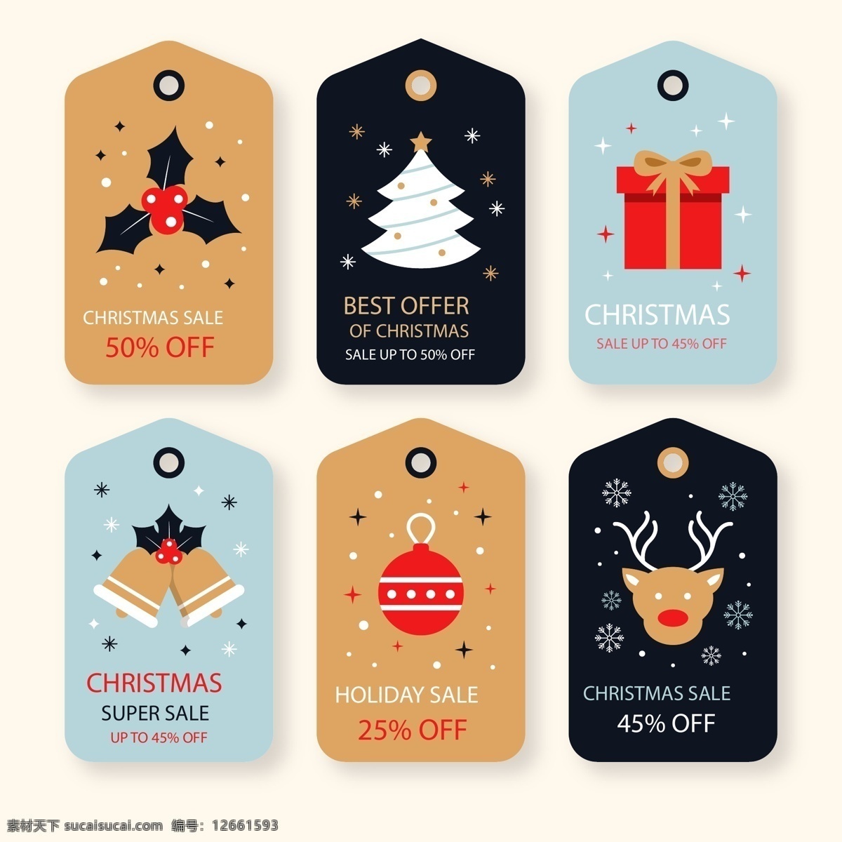 英文 圣诞节 优惠 标签 礼物 促销 矢量素材 铃铛 圣诞树 驯鹿