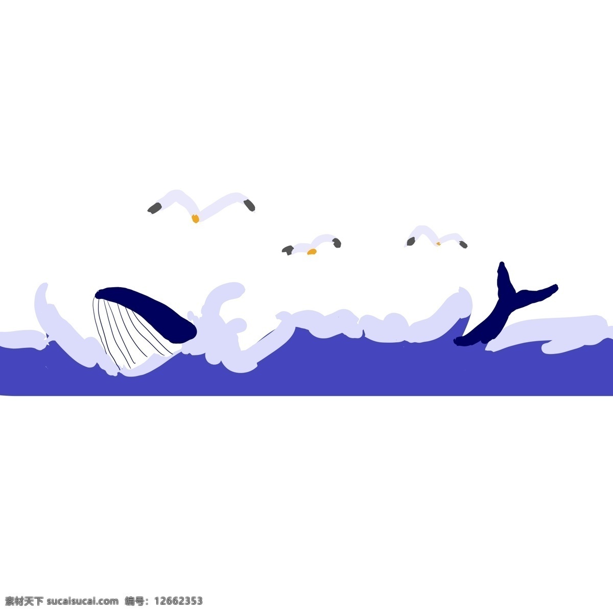 鲸鱼 海浪 分割线 插画 海洋 海蓝 鲸鱼浮在水面 海鸥 创意 装饰 卡通鲸鱼插画 可爱装饰