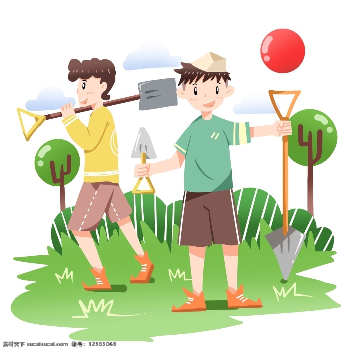 五一劳动节 外出 劳作 铲子 男孩 绿色 草地 五一 劳动