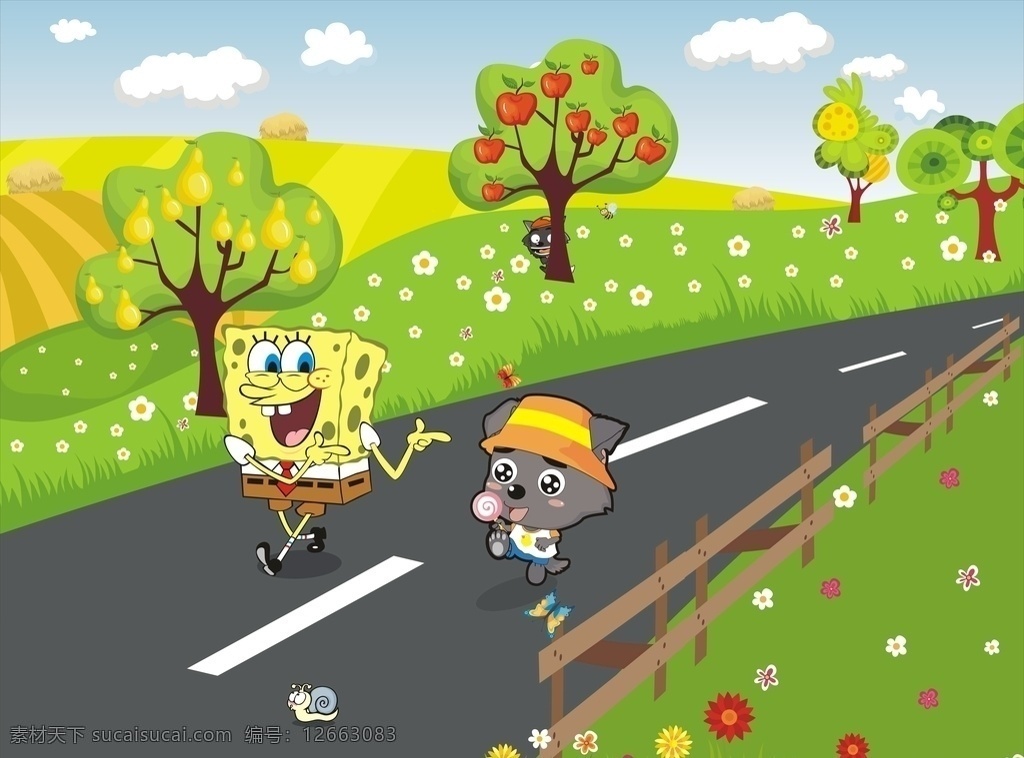 海绵宝宝 小羊赛跑 春天 运动会 跑步比赛 矢量图 跑道 小树 动漫动画 动漫人物