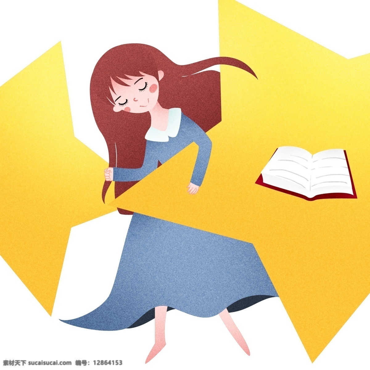 躺 睡觉 女孩 插画 世界 睡眠 日 躺着睡觉 睡觉的小女孩 红色的图书 黄色的被子 卡通人物