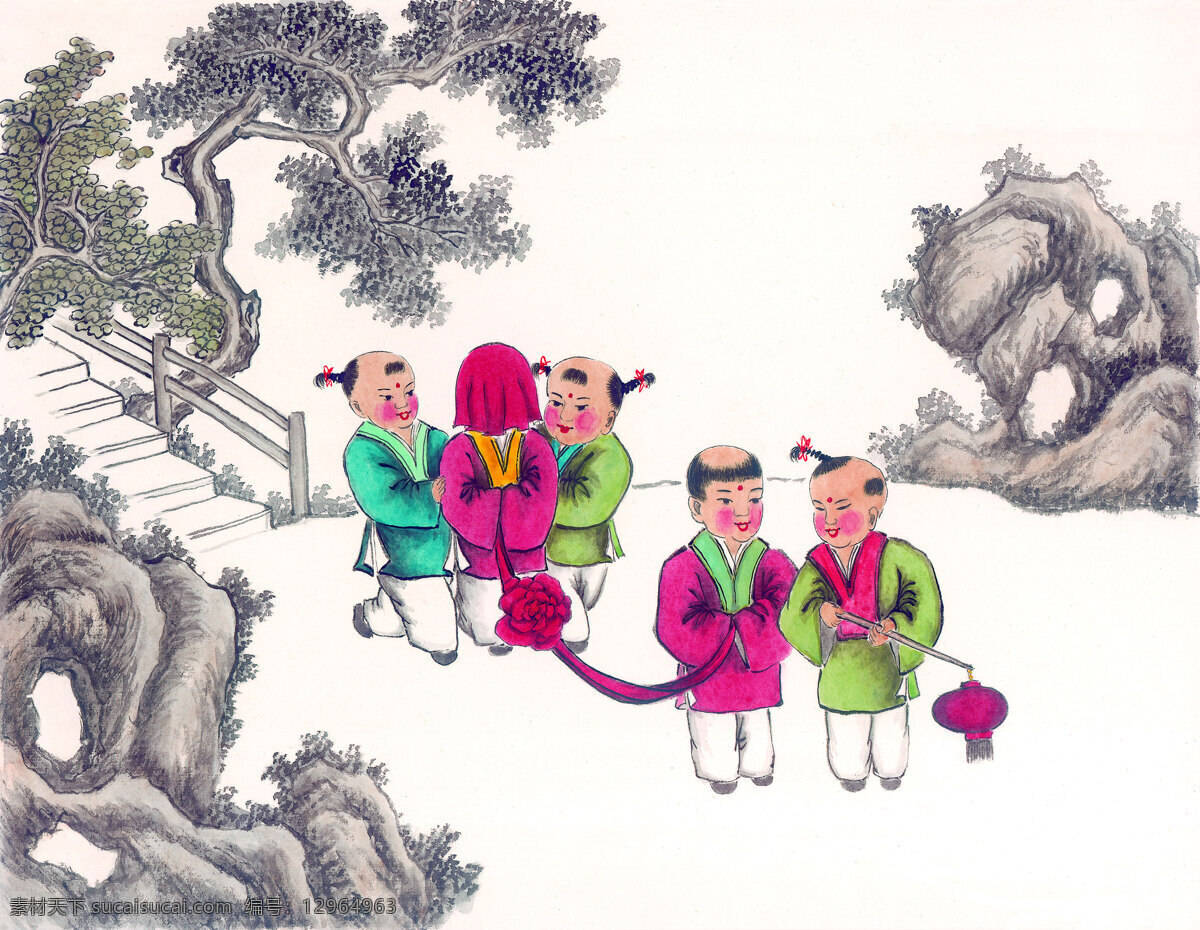 过家家 彩绘 古代 古画 绘画 美术 年画 小孩 艺术 中国画人物 娶亲 家居装饰素材 室内装饰用图