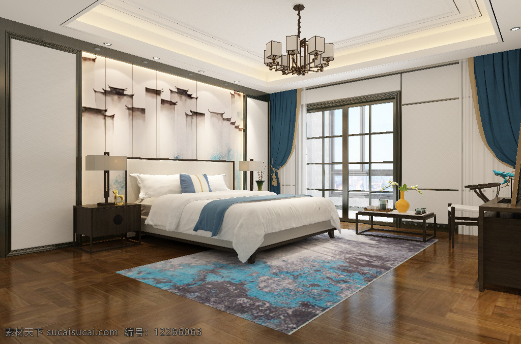 新 中式 风格 大气 卧室 效果图 时尚 3d 背景墙 新中式 简洁