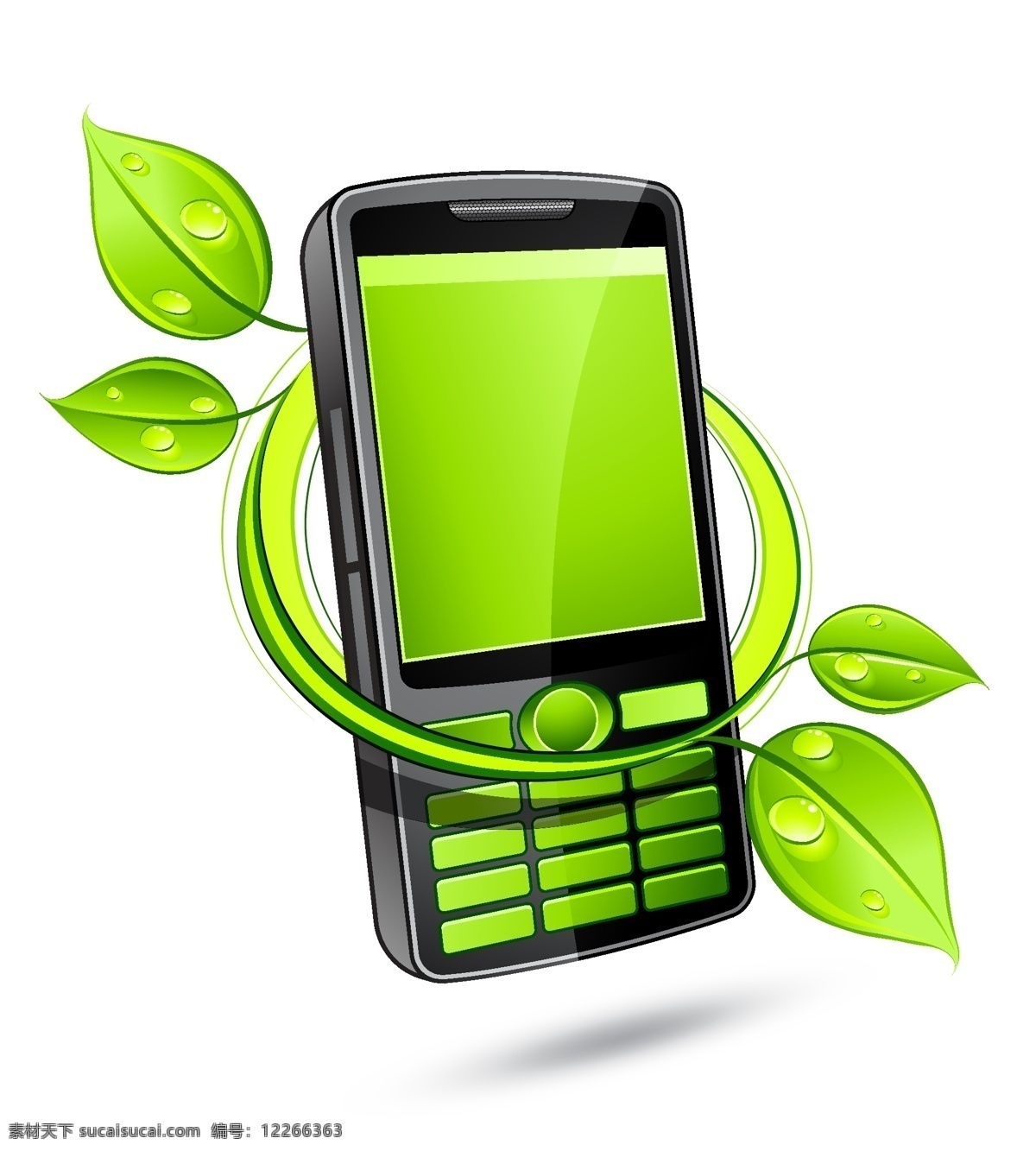 绿色环保 手机 矢量 mobile 动感 绿叶 矢量素材 水珠 通讯 矢量图 现代科技