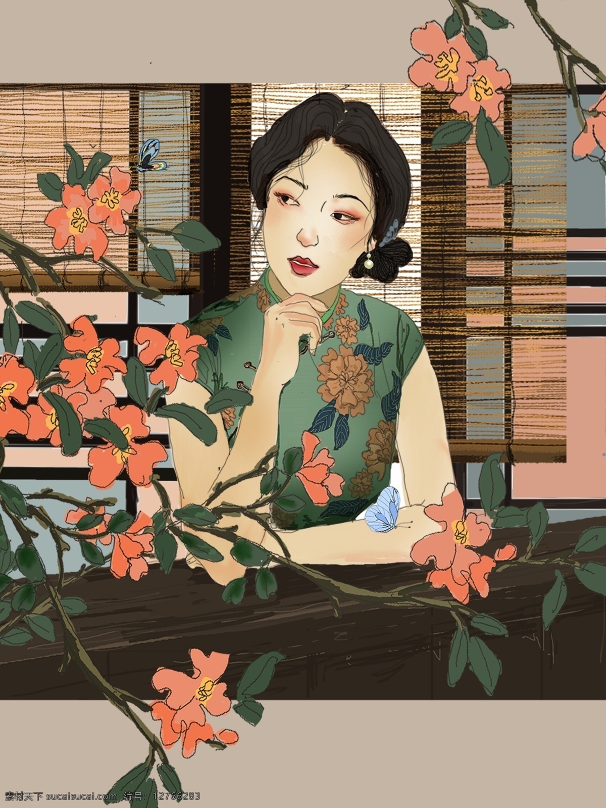 美景 吸引 民国 夫人 插画 花卉 清新 唯美 复古 手绘 女人 植物 中国风 头像 壁纸 微博微信用图