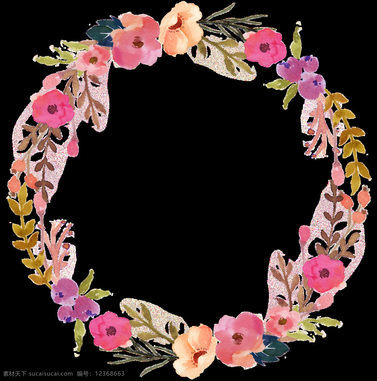 别致 牵牛花 手绘 花环 装饰 元素 粉色花朵 花瓣 花环图案 圆形