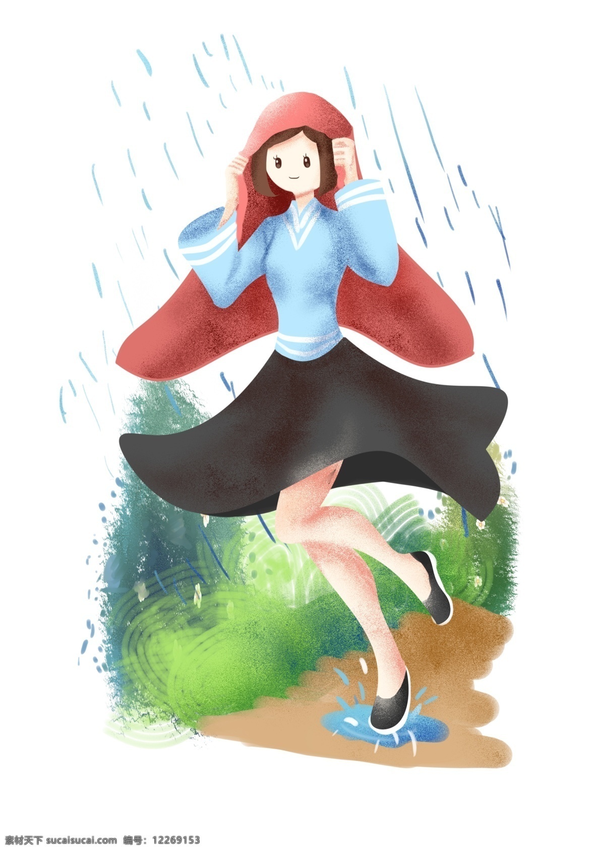 谷雨 节气 帽子 插画 红色的帽子 卡通的插画 谷雨插画 谷雨下雨 谷雨节气 下雨天气 躲雨的女孩