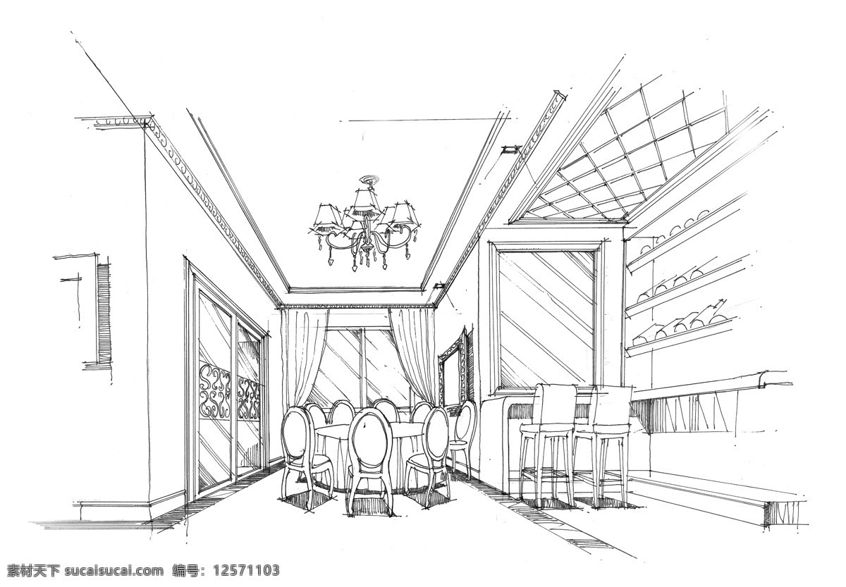 手绘欧式餐厅 手绘 线稿 简约 欧式 餐厅 室内设计 环境设计