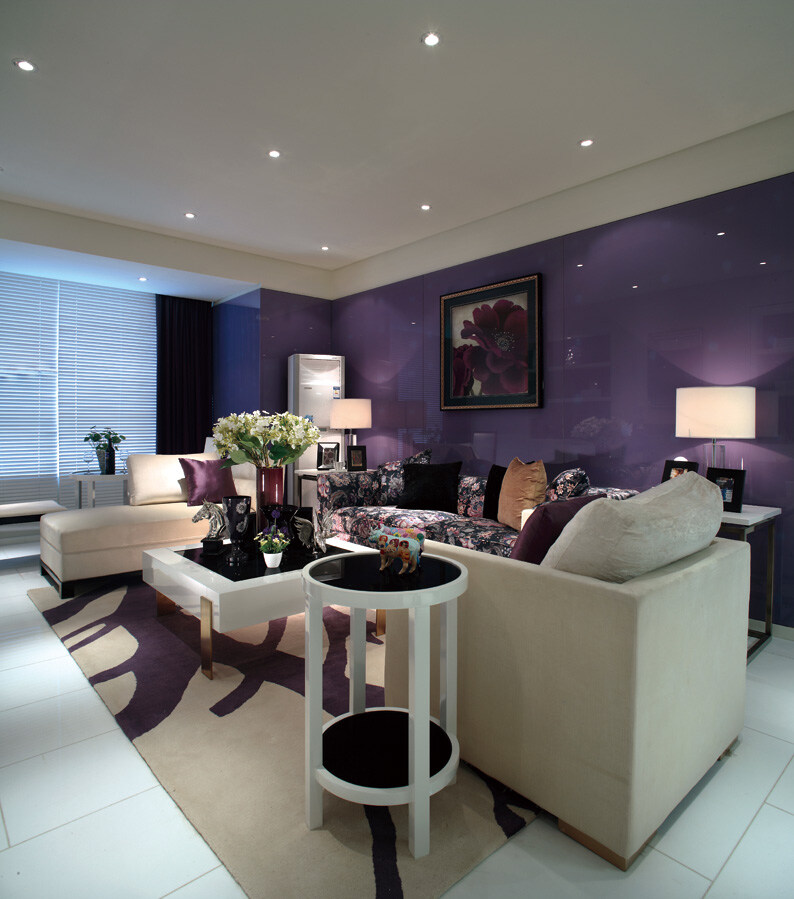现代 时尚 客厅 紫色 斑点 背景 墙 室内装修 效果图 客厅装修 紫色背景墙 白色沙发 方形茶几