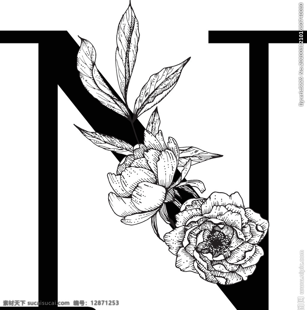 花卉装饰字母 字母n 黑白线描花朵 英文 字母 字体 花朵 鲜花 黑白 线描 素描 白描 创意设计 设计素材 矢量图 矢量素材 文化艺术 矢量 传统文化