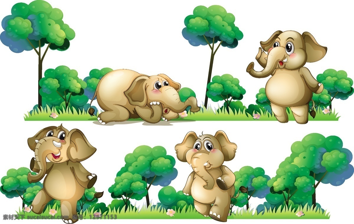 组 可爱 大象 动物 卡通 创意设计 元素 小动物