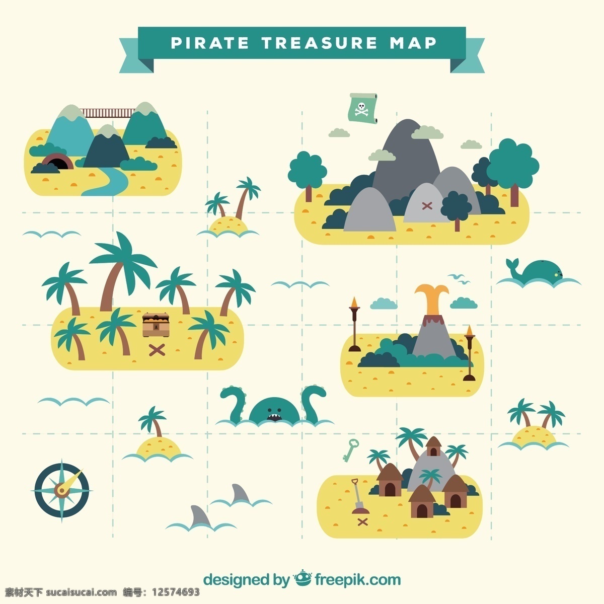 扁平 风格 海盗 藏 宝 地图 装饰 棕榈树 扁平风格 海盗藏宝地图 装饰棕榈树