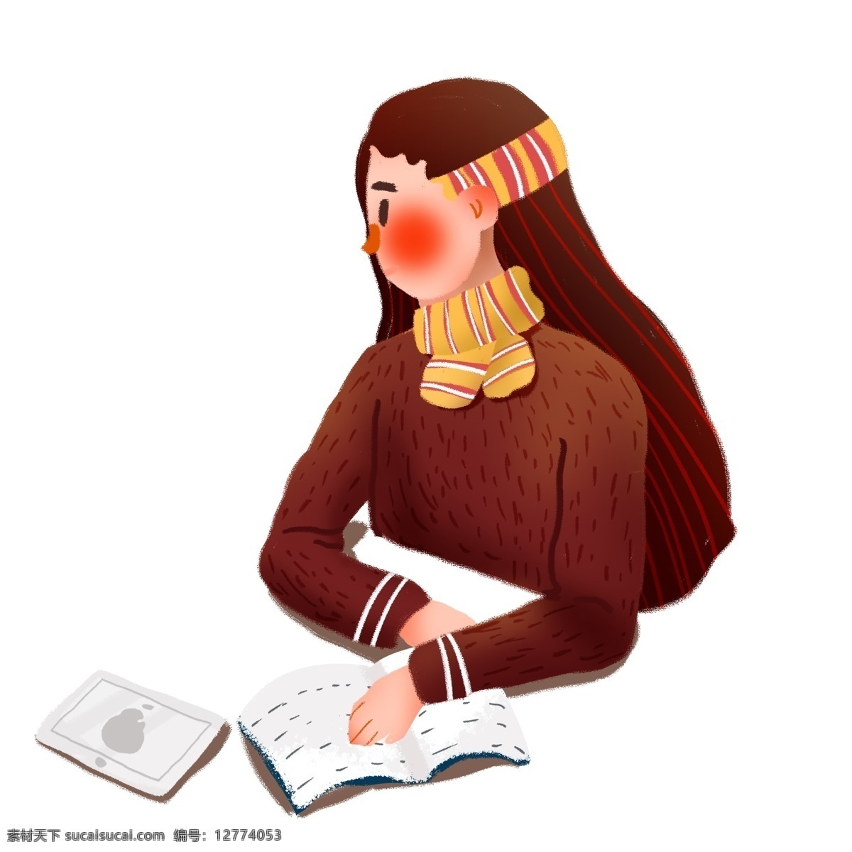 手绘 复古 肌理 看书 女孩 插画 学习 书本 平板电脑 复古肌理 文艺女生