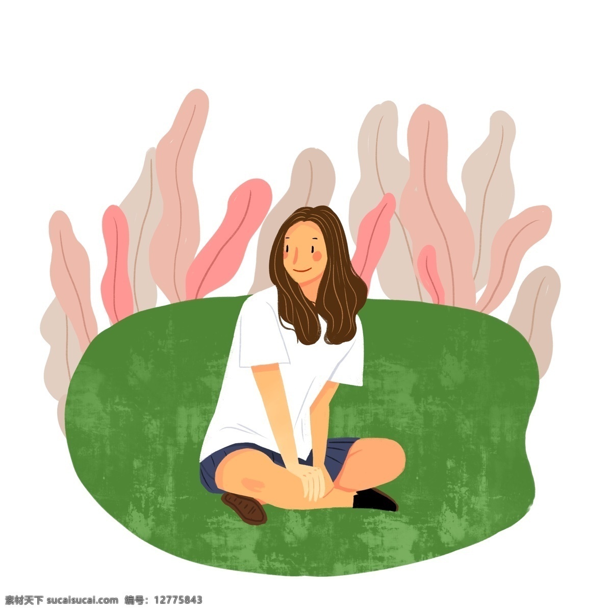 坐在 草地 上 女孩 夏天 坐 盘腿 女生 长发 开心 植物 文艺