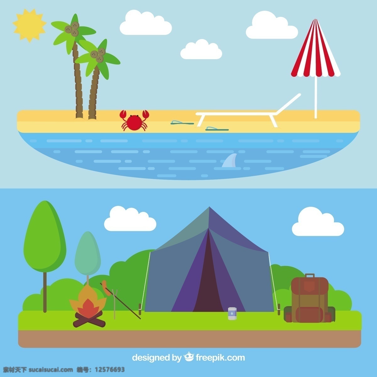 平面设计 中 夏季 景观 背景 太阳 沙滩 大海 平面 节日 雨伞 树木 海洋 棕榈 度假 野营 帐篷 夏天海滩 阳光