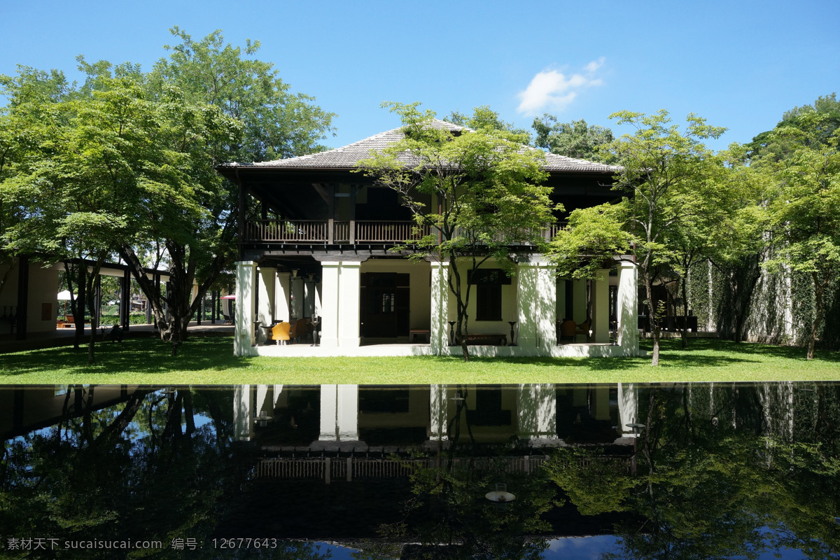 清迈 the chedi 酒店 倒影 水面 蓝天 树木 建筑 旅游摄影 国外旅游